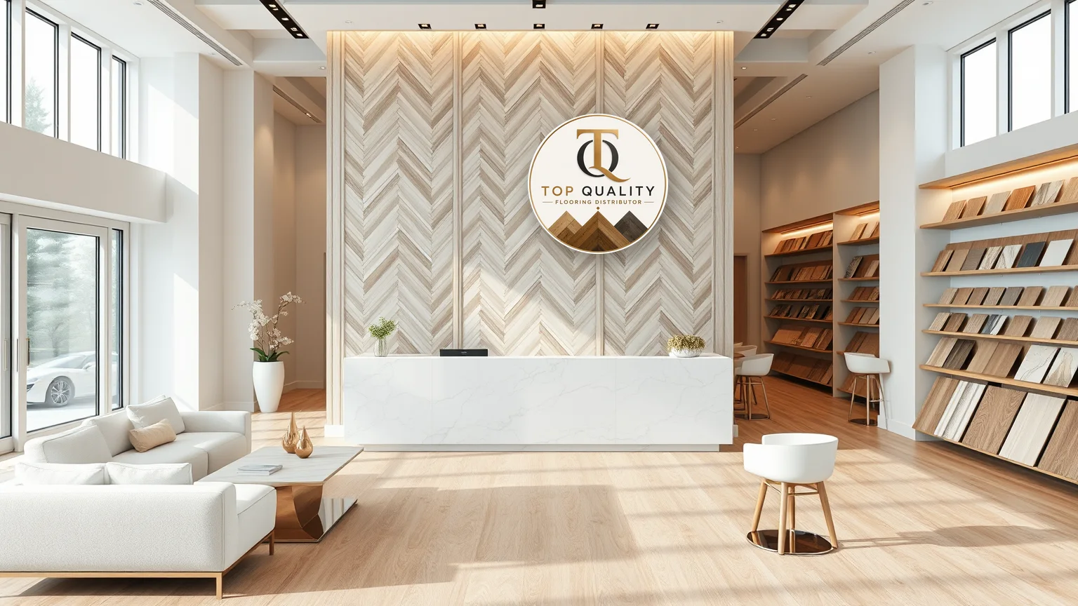 Bright flooring showroom with wood plank displays